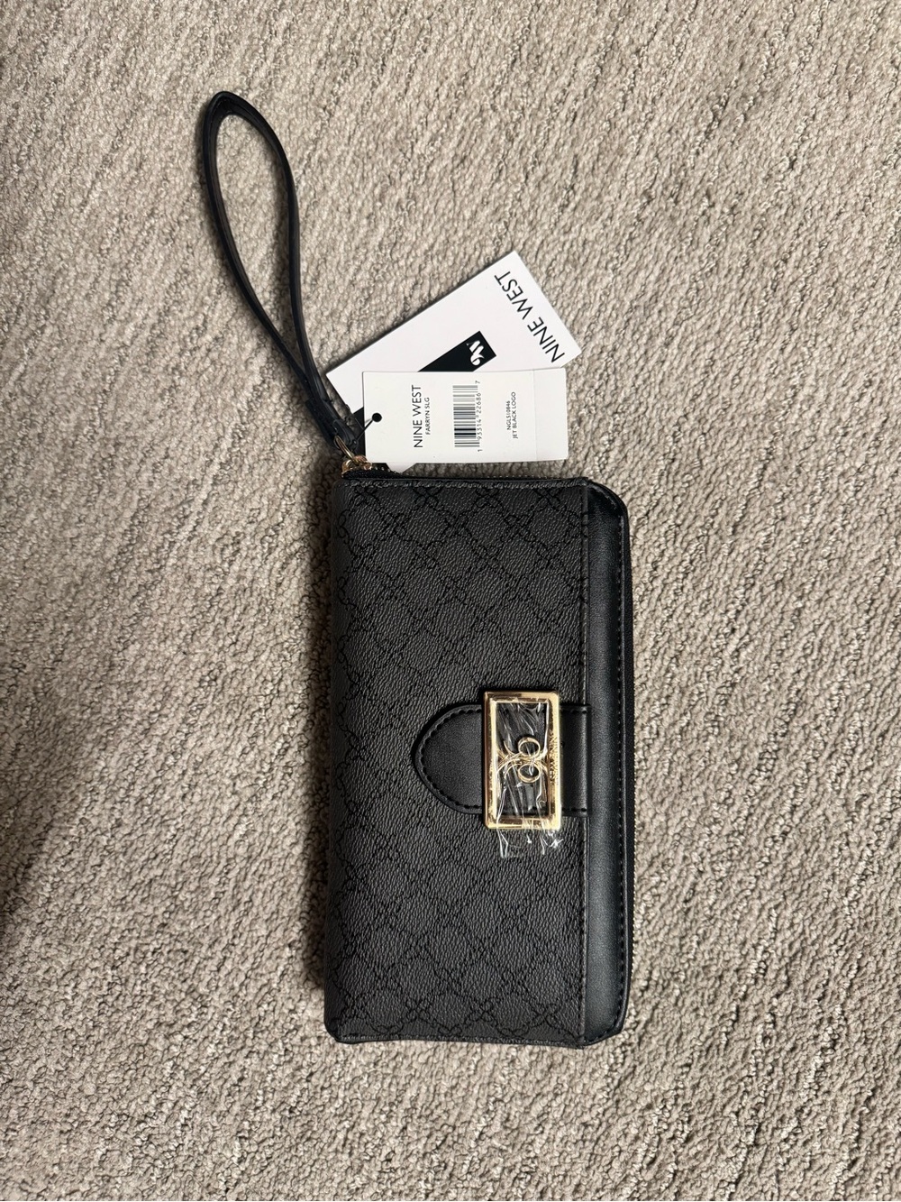 Nine West Black Quilted Wristlet Phone Wallet with Gold Accent